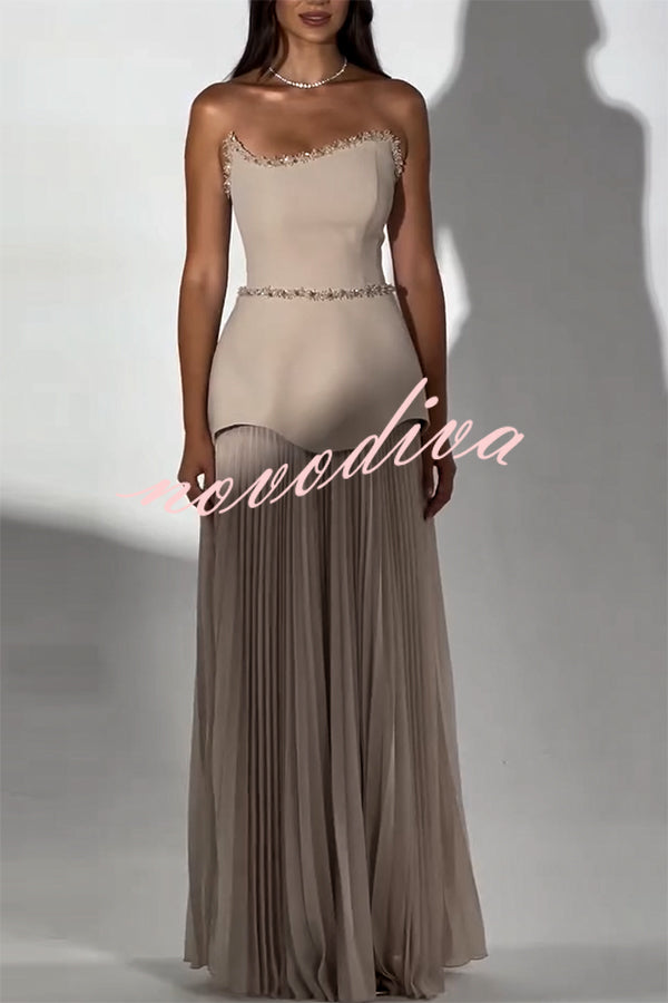 Capture The Moment Gem Trim Pleated Hem Strapless Maxi Dress