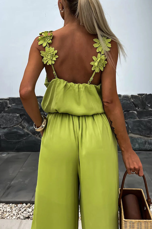 Solid Color Embroidered Flower Suspenders Casual Loose Jumpsuit