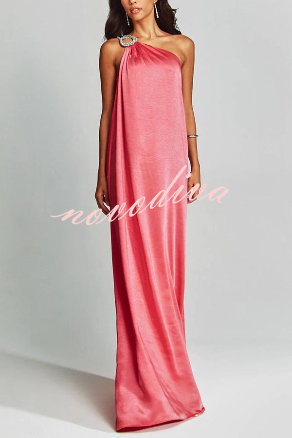 Charming Glance Satin Metal Hardware One Shoulder Loose Maxi Dress