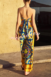 Ethnic Style Unique Print Tube Top and Elastic Waist Casual Pocket Wide Leg Pants Set