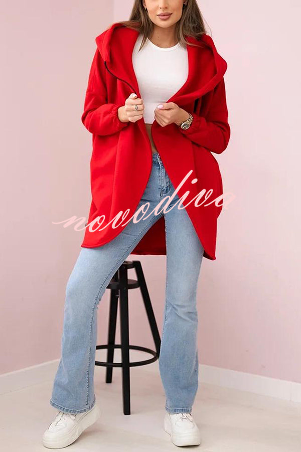 Solid Color Loose Hooded Zip-up Casual Sports Jacket