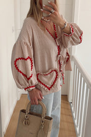 Lovely Plaid Heart Pattern Casual Lace-up Pocket Loose Shirt