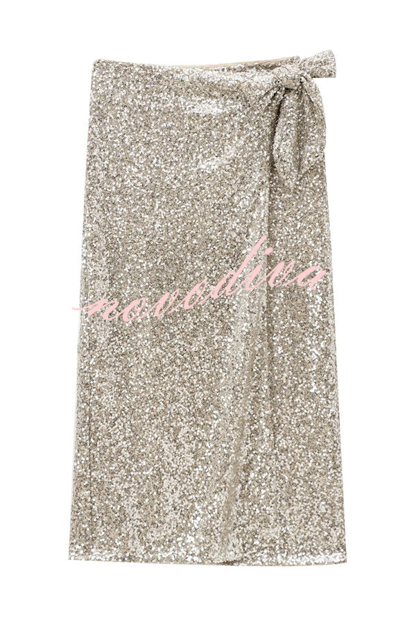 Crushing on You Sequin High Rise Wrap Tie-up Slit Midi Skirt