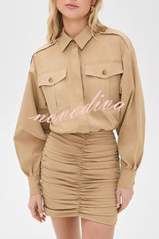 Soraya Epaulette Button Design Long Sleeve Ruched Hem Shirt Mini Dress