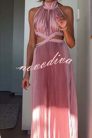 Stunning Choice Satin Pleated Halter High Neck Cutout Waist Backless Maxi Dress