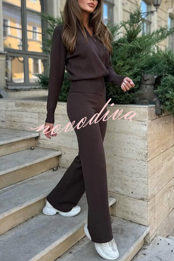 Cozycore Knit Zipper Long Sleeve Cardigan and Stretch Wide Leg Pants Set