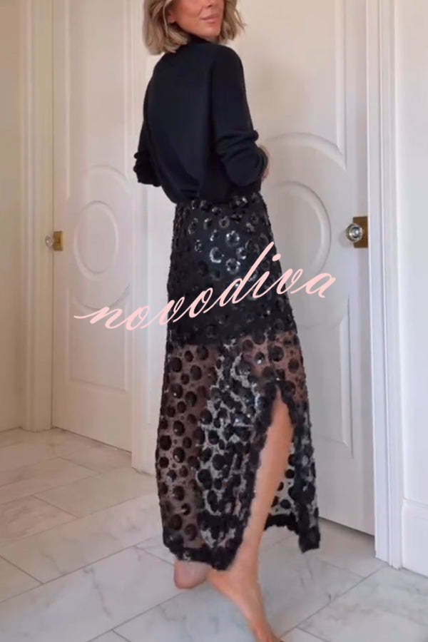 Gorgeous Flower Embellished Sequin Sheer High Rise Slit Midi Skirt