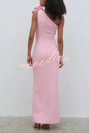 Samaya One Shoulder Detachable Rose Corsage Slit Stretch Maxi Dress