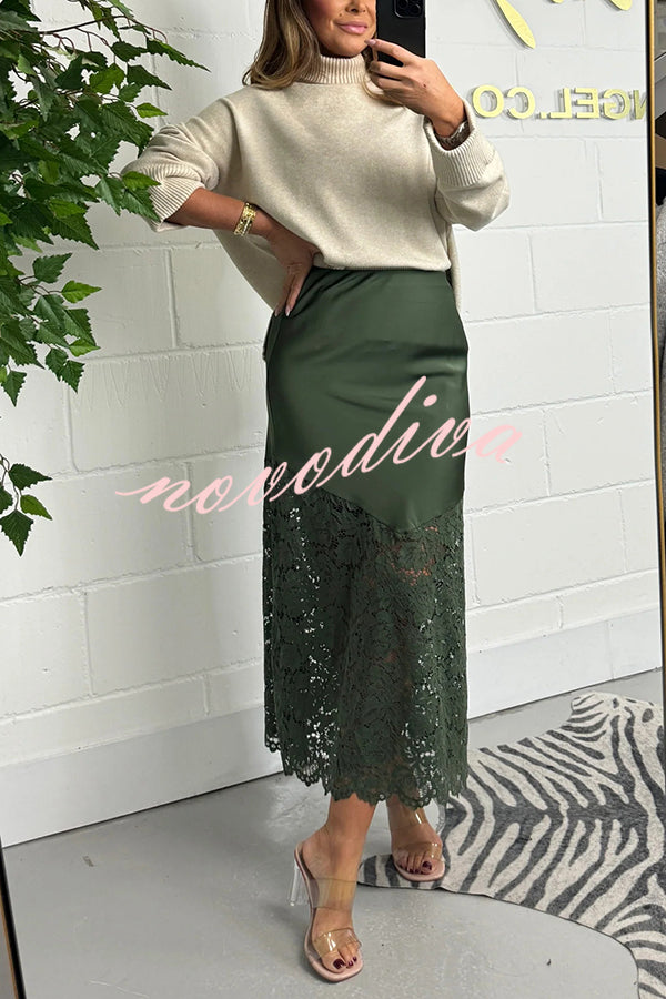 It's Your Night Solid Satin Lace Hem Midi Skirt