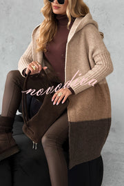 Fashionable Knit Patchwork Color Long-sleeved Hooded Loose Mid-length Cardigan