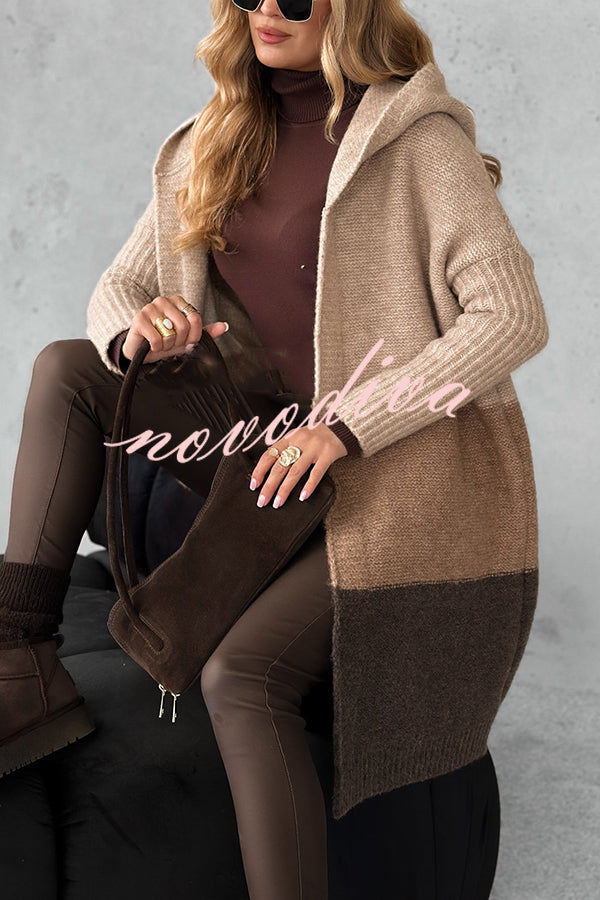 Fashionable Knit Patchwork Color Long-sleeved Hooded Loose Mid-length Cardigan