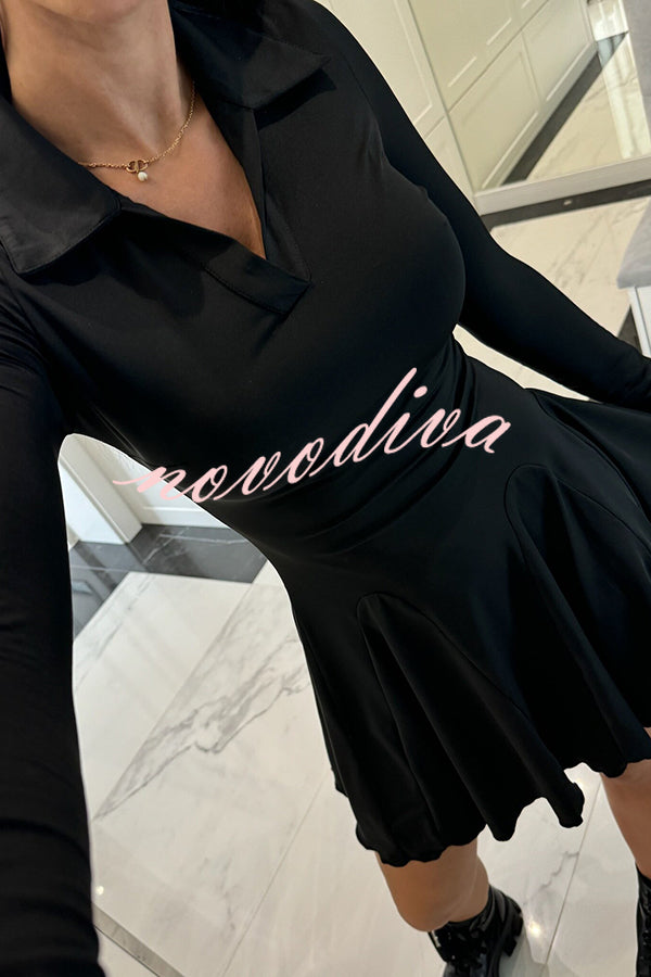 Solid Color Lapel Long Sleeve Slim Fit Waist Mini Dress