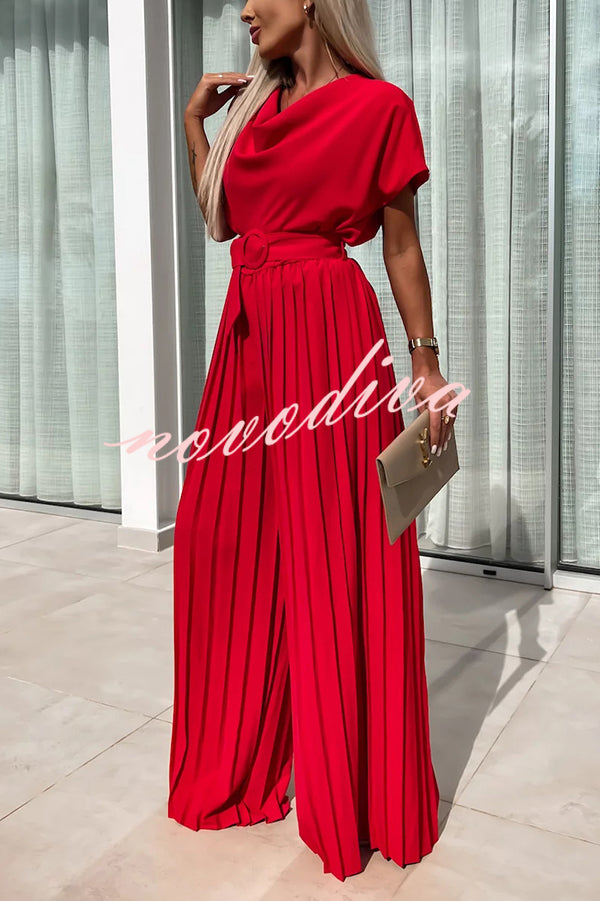 Ivy Cowl Neck Short Sleeve Belt Pleated Loose Wide Leg Jumpsuit