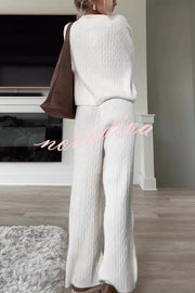 Autumn Travel Knit Cable Long Sleeve Sweater and Elastic High Waist Wide Leg Pants Set