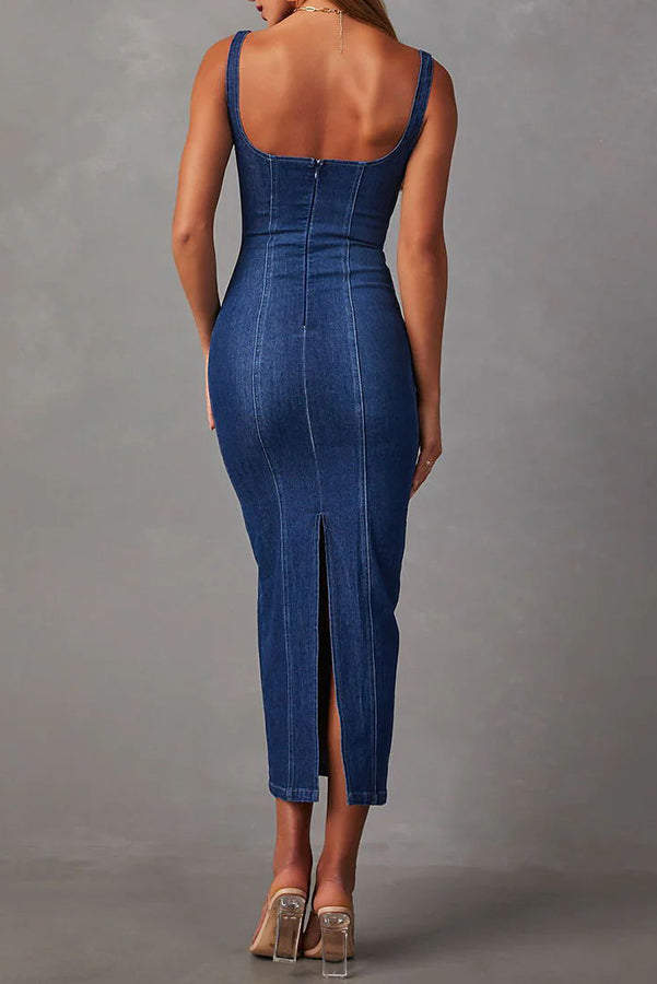 Warren Suspender Back Zipper Denim Maxi Dress