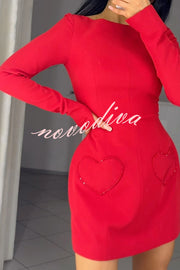 Anna Sparkling Gemstone Trim Heart Pocket Long Sleeve Mini Dress