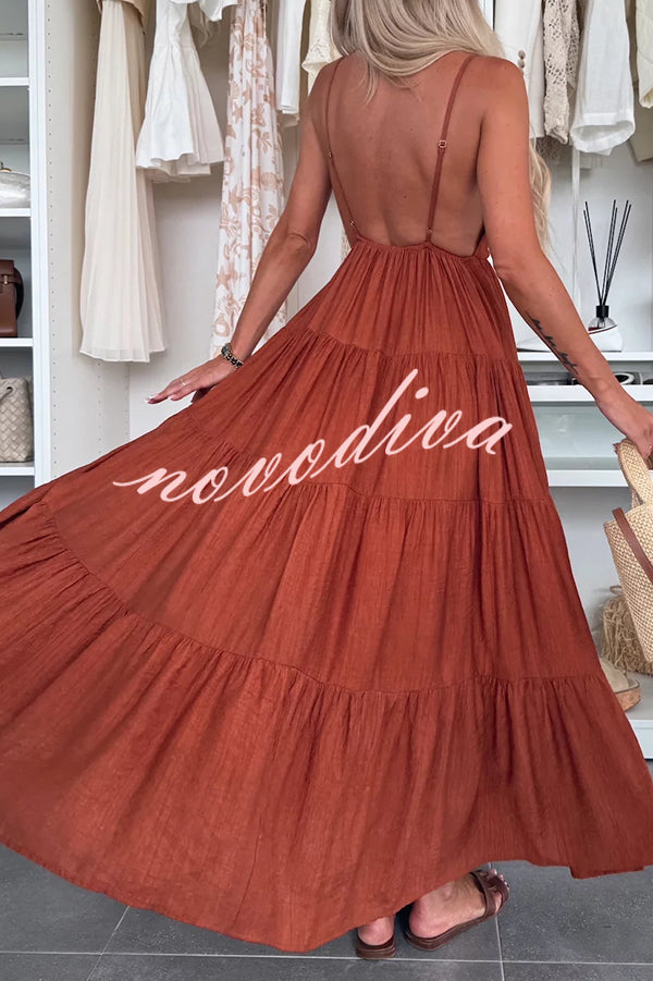 Bohemian Style V-neck Backless Slip Layered Vacation Maxi Dress
