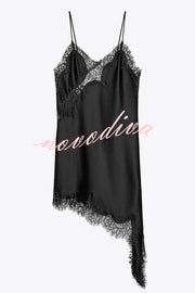Elouise Satin Lace Trim V-neck Asymmetrical Hem Slip Mini Dress