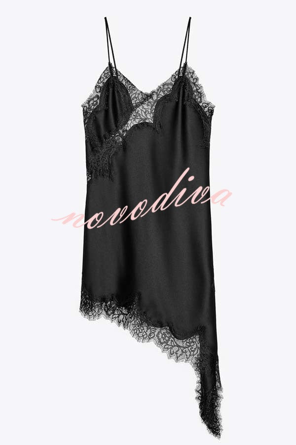 Elouise Satin Lace Trim V-neck Asymmetrical Hem Slip Mini Dress