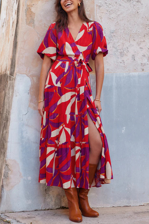 Unique Printed V-neck Puff Sleeves Tie Waist Midi Dress