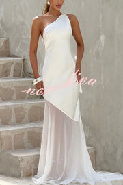 Fable Satin One Shoulder Back Adjustable Straps Contrast Chiffon Hem Maxi Dress