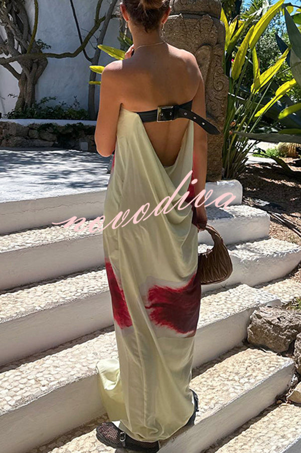 Floral Print Sexy Strapless Backless Belt Maxi Dress