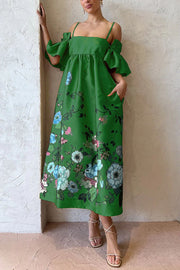 Sweetest Marigold Print Gathered Sleeve Pocketed A-line Midi Dress