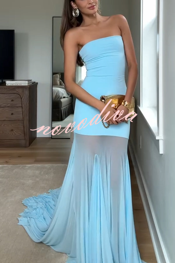 Blue Sky Off Shoulder Contrast Sheer Mesh Fabric Stretch Maxi Dress
