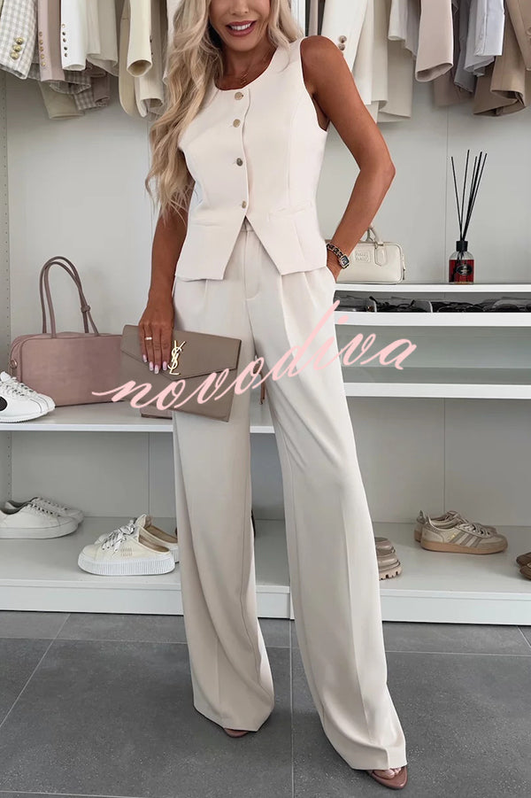 Workplace Chic Sleeveless Button Vest and Relaxed Pocket Wide Leg Pants Set