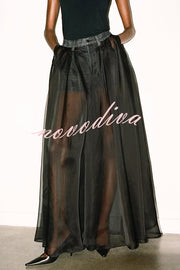 Avant-garde Fashion Denim Flowing Organza Patchwork Pocketed Wide Leg Jeans