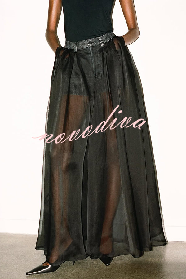 Avant-garde Fashion Denim Flowing Organza Patchwork Pocketed Wide Leg Jeans