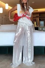 Shining Seaside Sequin Mid Rise Elastic Waist Boyfriend Loose Pants