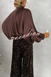 Chic and Merry Satin Bow Neck Batwing Sleeve Loose-fitting Blouse