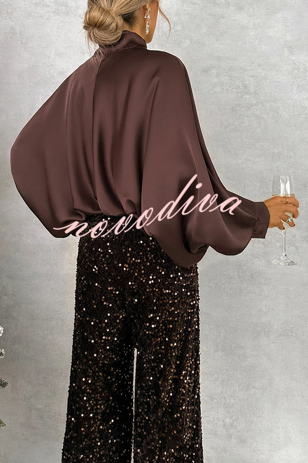 Chic and Merry Satin Bow Neck Batwing Sleeve Loose-fitting Blouse