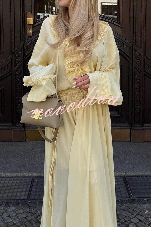 Solid Color Pleated Ruffled Tie Long Sleeve Loose Shirt