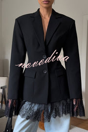 Solid Color Lace Panel Long Sleeve Button Elegant Blazer
