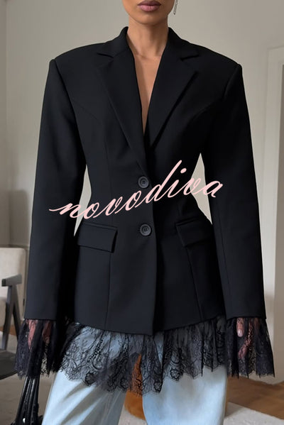 Solid Color Lace Panel Long Sleeve Button Elegant Blazer