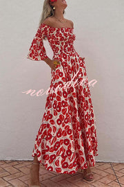 Close To The Vacation Floral Print Smocked Off Shoulder Pocketed Maxi Dress