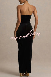 Illusion Velvet Bandeau neck Bow detail Stretch Maxi Dress