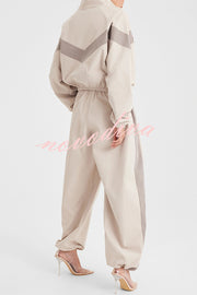 Fashionable Contrasting Long-sleeved Loose Coat and Elastic Waist Wide-leg Pants Set