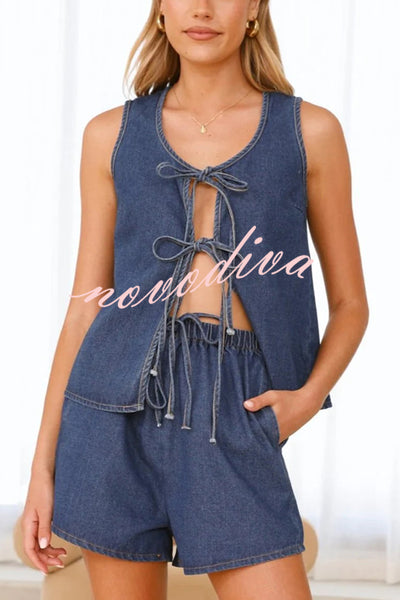 Solid Color Sleeveless Tie Top and Elastic Waist Loose Pocket Denim Shorts Set