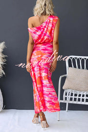 Satin Unique Print One Shoulder Tie Waist Slit Maxi Dress
