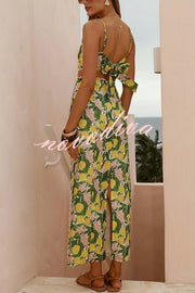 Linen Blend Summer Fruit Print Camisole Top and Elegant Lace Back Slit Maxi Skirt Set