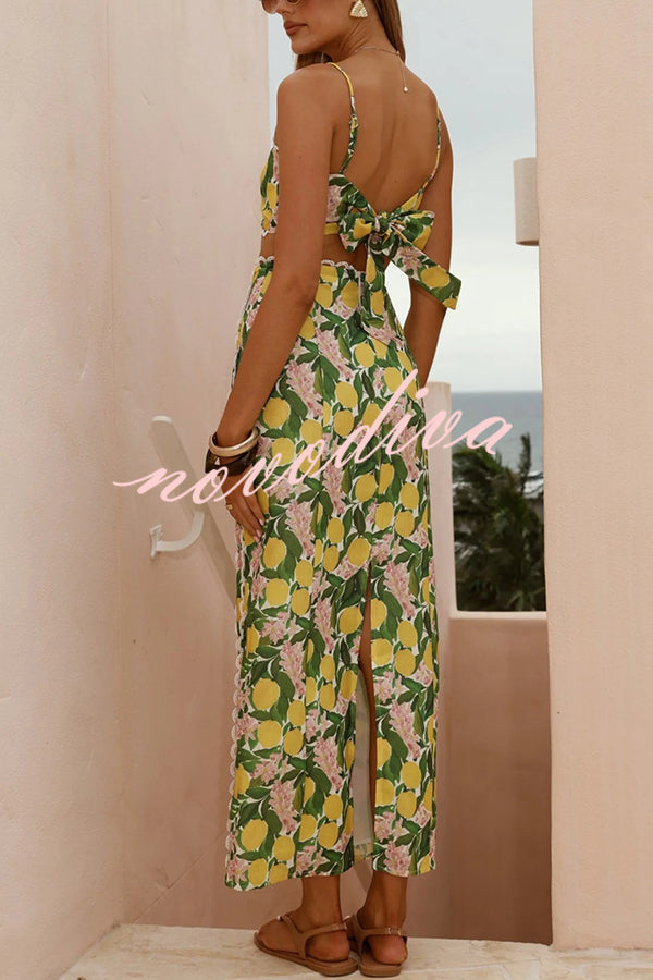 Linen Blend Summer Fruit Print Camisole Top and Elegant Lace Back Slit Maxi Skirt Set