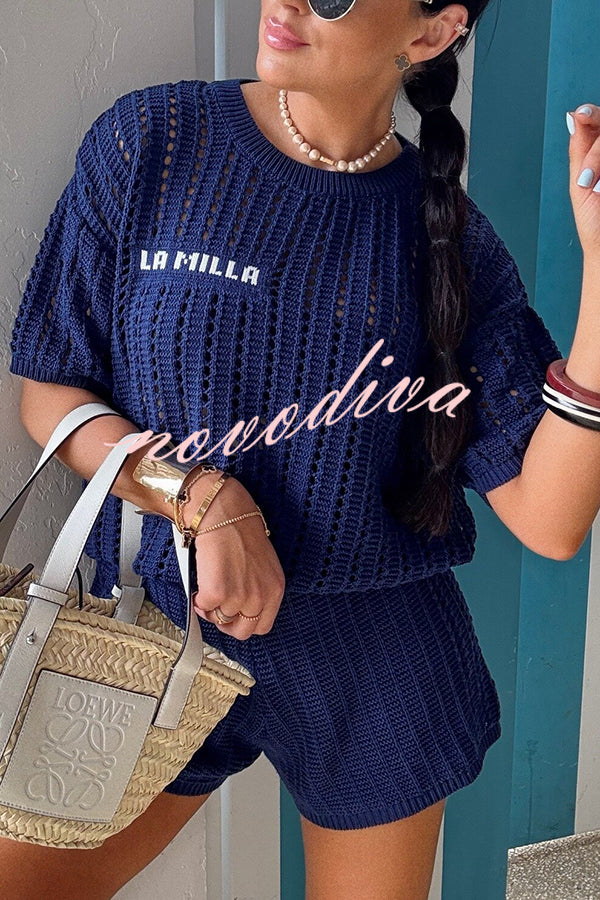 Fashionable Hollow Knit Short-sleeved Top and Elastic High-waist Casual Shorts Set