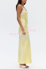 Sweet Trend Satin Lace Trim V-neck Slit Slip Maxi Dress