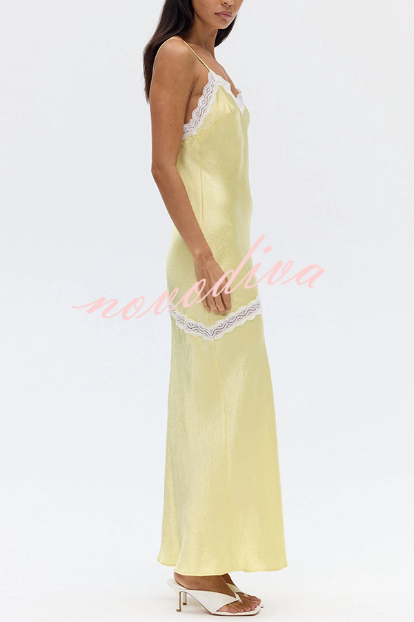 Sweet Trend Satin Lace Trim V-neck Slit Slip Maxi Dress
