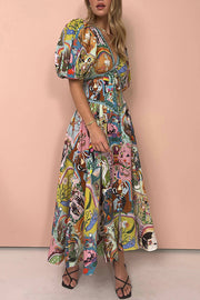 Exquisite Unique Printed V Neck Puff Sleeve Maxi Dress