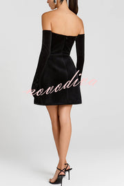 Ines Luxurious Velvet Jewel-encrusted Sweetheart Off Shoulder Neck Tulip Stretch Mini Dress