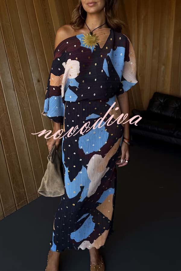 Mara Pleated Fabric Metallic Speckled Color Block Print One Shoulder Maxi Dress
